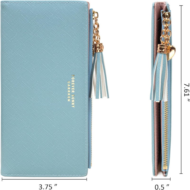 KOTORA Womens Slim Wallet Girls Thin Wallets Pretty Mini Long Card Holder Small Tiny Clutch Zip Purse Love Pendant Tassels Billfold (Blue) - Image 3